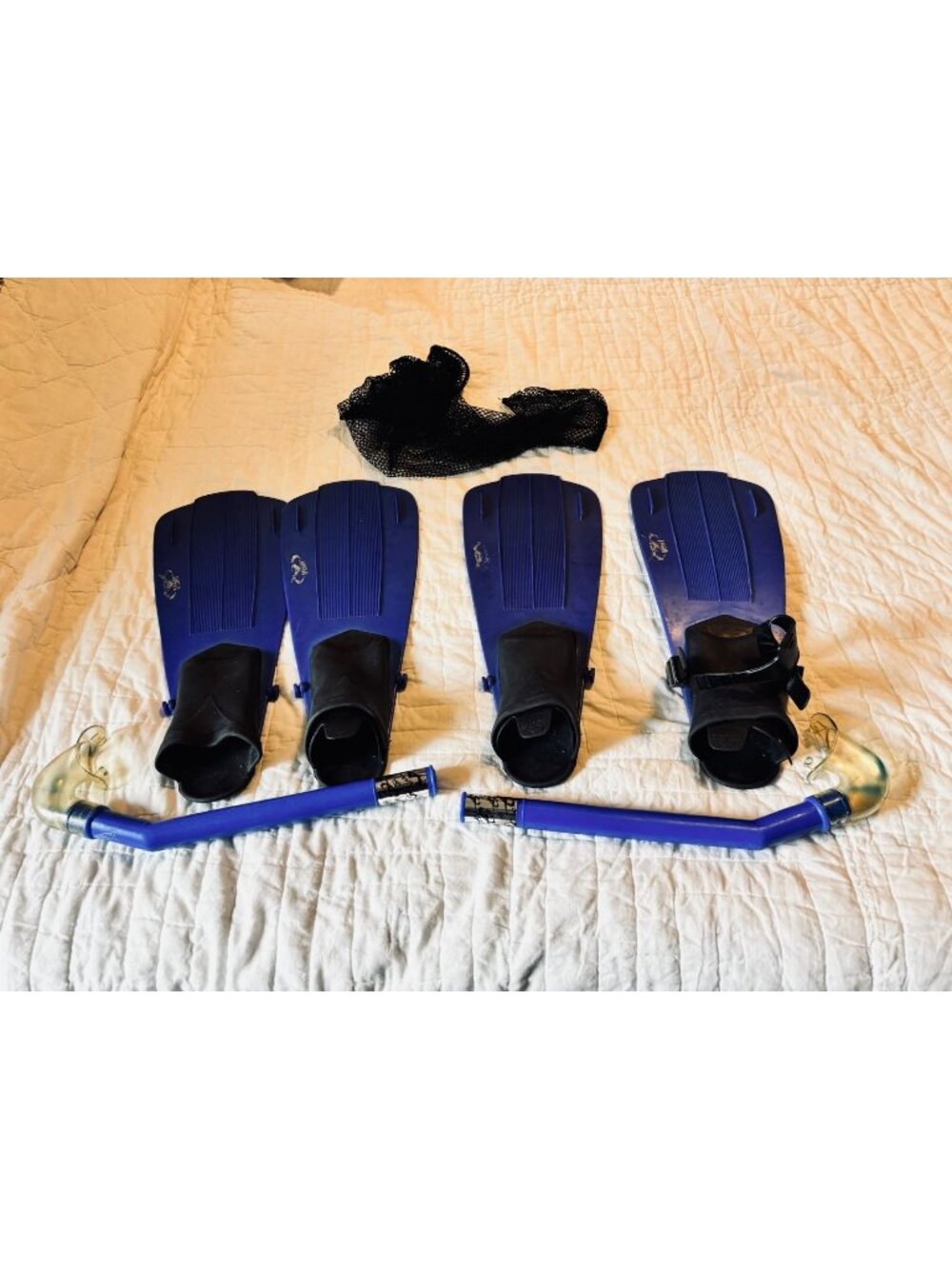 2 Adult Snorkeling & Diving Gear Sets With Adjustable Blue Fins Snorkels And Mes